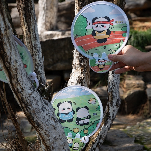 Chinese style Cute panda creative cartoon summer cool small fan portable round hand folding fan round plastic fan promotion