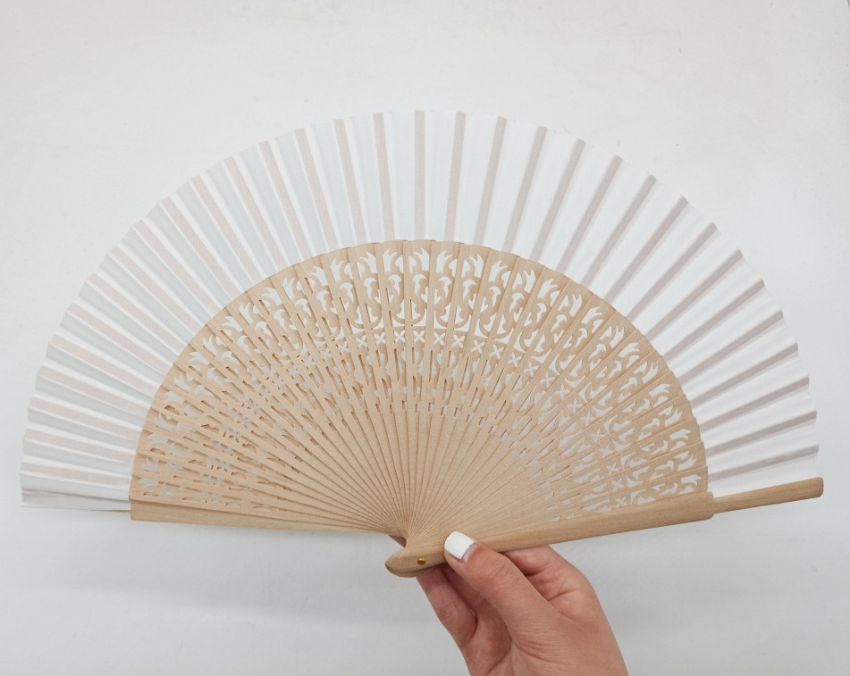 Wholesale 23cm hollow wooden fan Handcrafted Hand Fan with Cotton Fabric and Wood Ribs for Summer