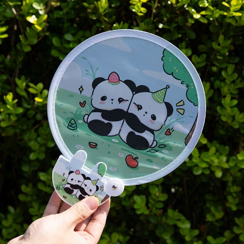 Chinese style Cute panda creative cartoon summer cool small fan portable round hand folding fan round plastic fan promotion