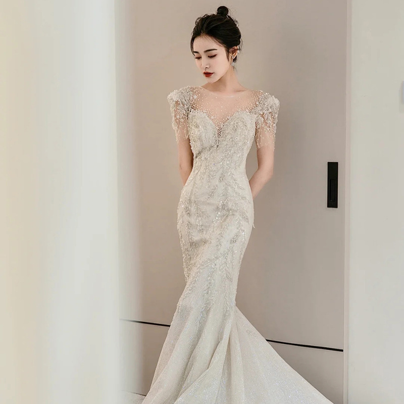 2022 Wholesale luxury silver beaded wedding dress with unique mermaid ruffles bling mermaid tail wedding dresses bridal gown