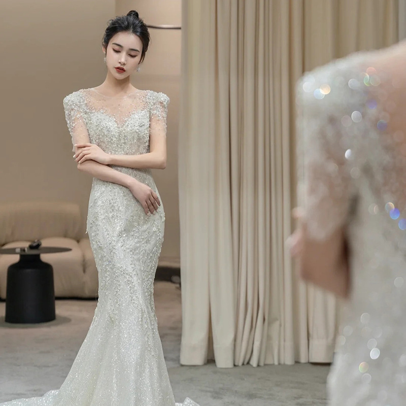 2022 Wholesale luxury silver beaded wedding dress with unique mermaid ruffles bling mermaid tail wedding dresses bridal gown