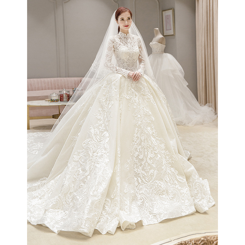 2022 New Winter muslim Bridal Wedding Dream court Starry Trailing Long Sleeve French turkish islamic Wedding Dress in dubai