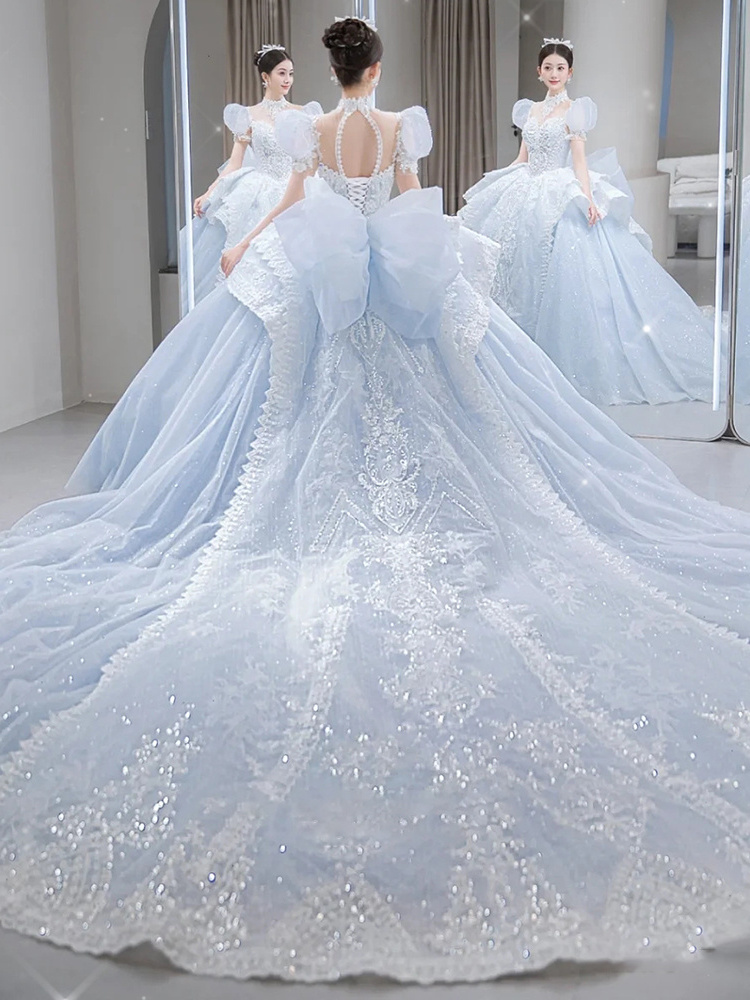 2022 new bride French princess on the run senior texture luxury tail crystal applique winter ball gown Blue wedding dress