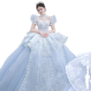 2022 new bride French princess on the run senior texture luxury tail crystal applique winter ball gown Blue wedding dress