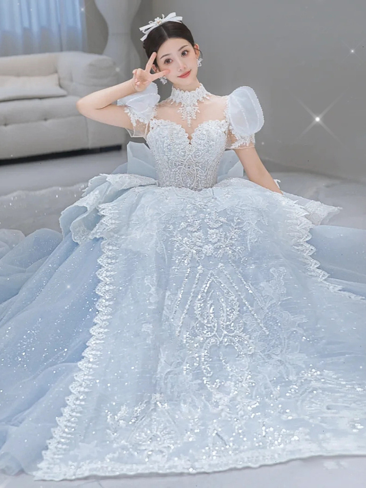 2022 new bride French princess on the run senior texture luxury tail crystal applique winter ball gown Blue wedding dress