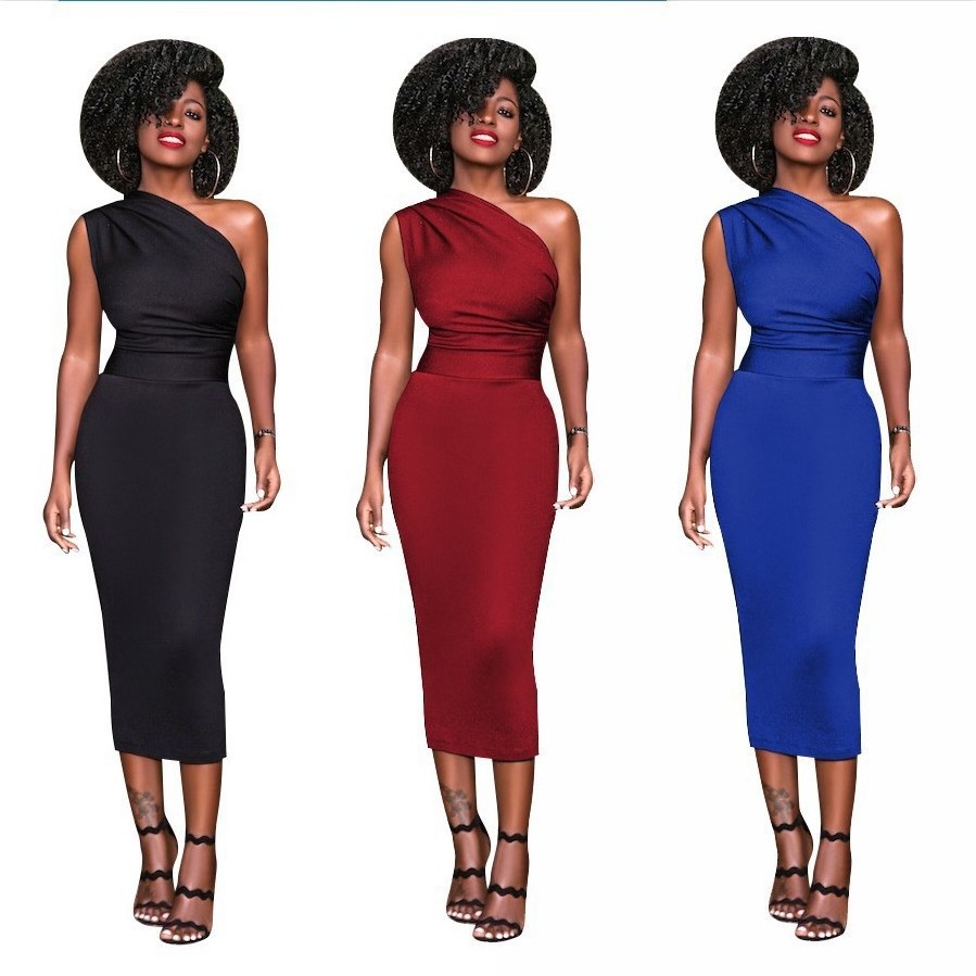 Factory direct sales hot summer clothes blue red Solid Color elegant One Shoulder Sleeveless Midi Dress women evening dress