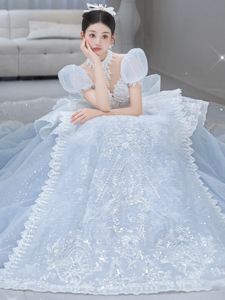 2022 new bride French princess on the run senior texture luxury tail crystal applique winter ball gown Blue wedding dress