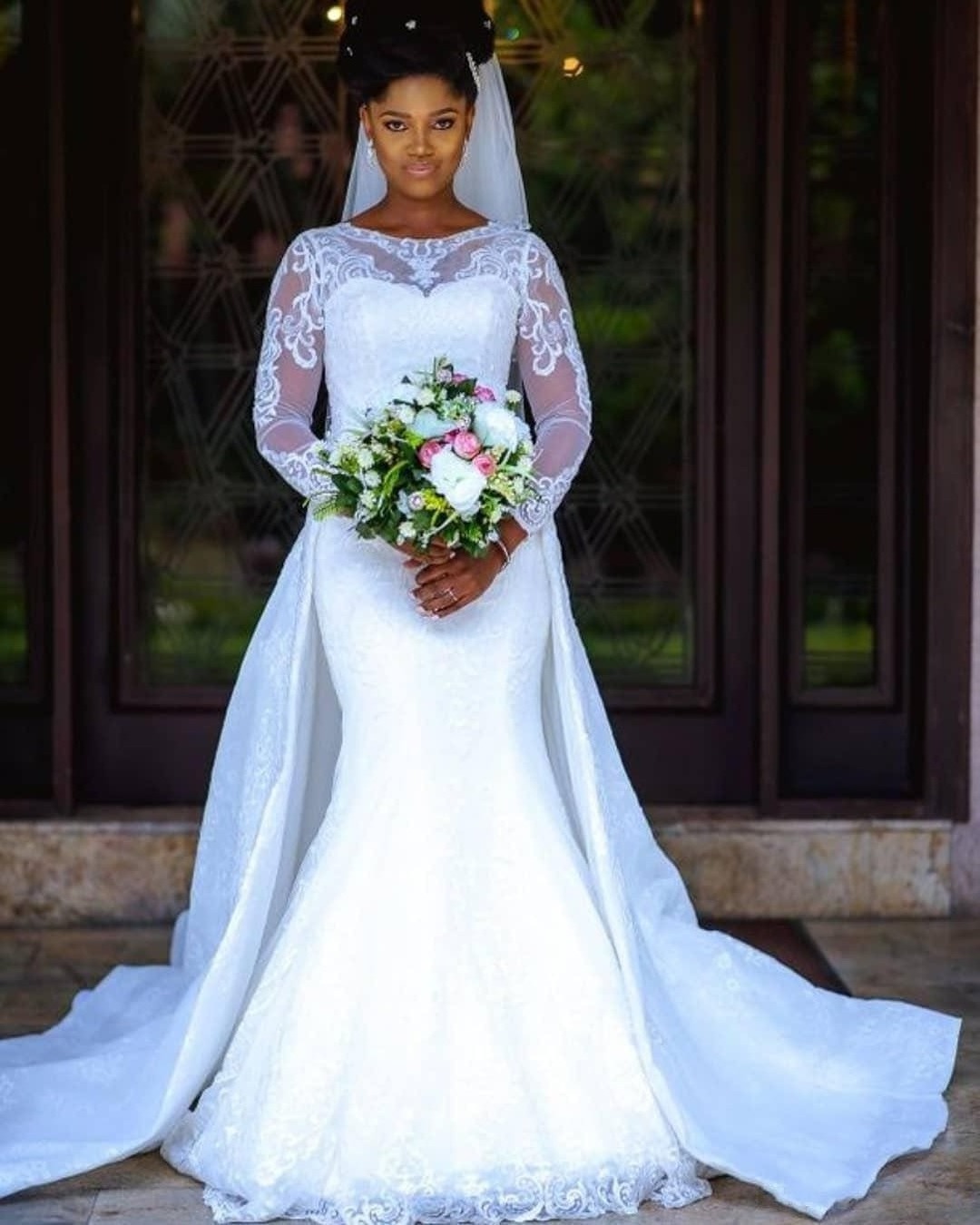 AL1464 custom bohemian plus size elegant white lace long sleeve Dropped bridal gowns 2 in 1 detachable mermaid wedding dress