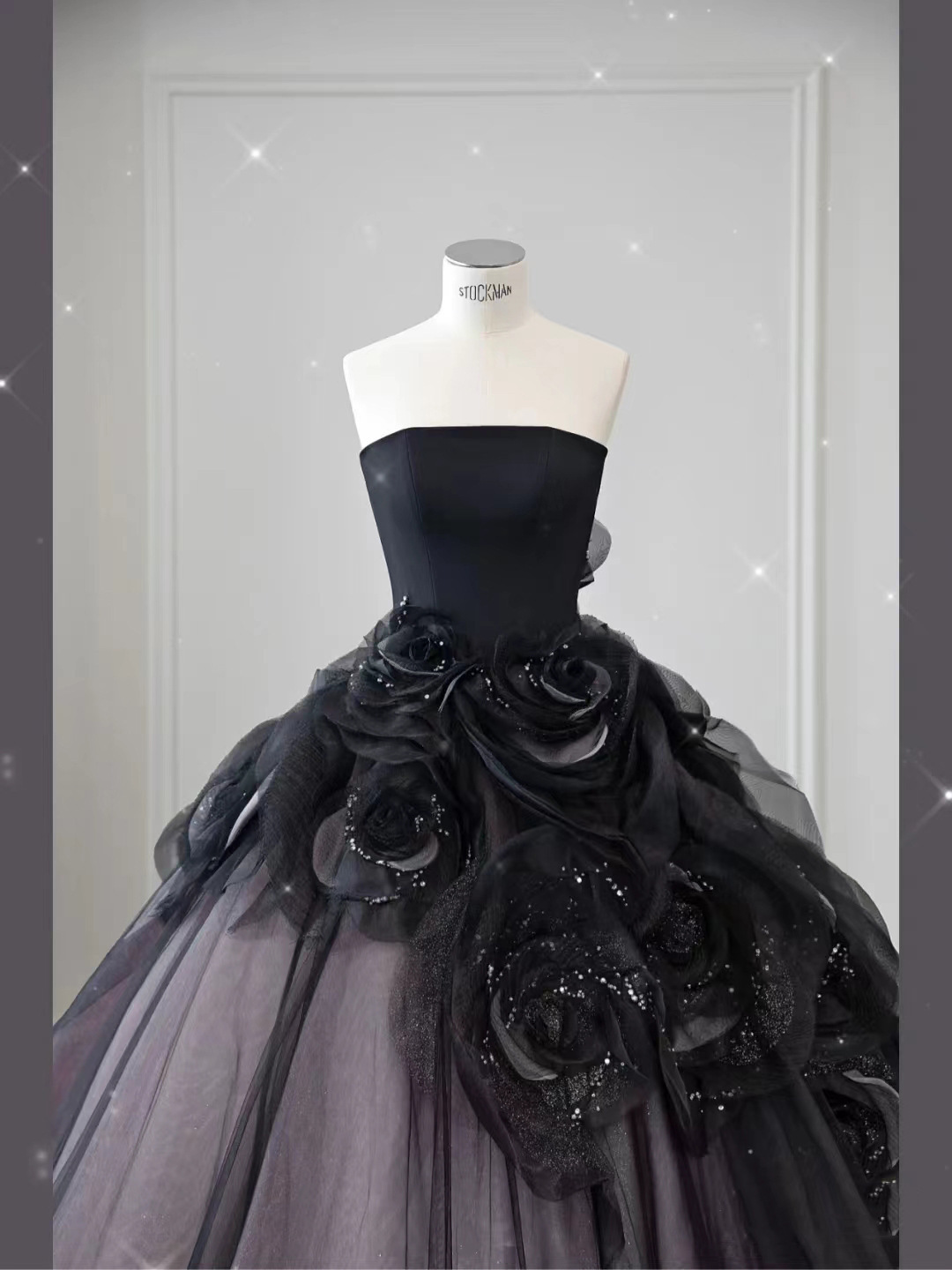 Black strapless main wedding dress 2023 Catwalk dress tail Heavy  advanced flower glitter sequins Evening Wedding dress