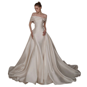 2023 Spring new style One shoulder Satin Mermaid wedding dress Simple white elegant long Tail bridal wedding dress gown