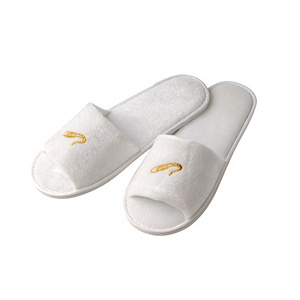 Open toe Disposable 100% cotton white velour velvet hotel slippers with gold embroidery