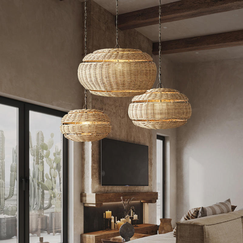 Custom Japanese Styles Living Room Hanging Lampshade Rattan Pendant Light Covers Handwoven Rattan Lamps Shade