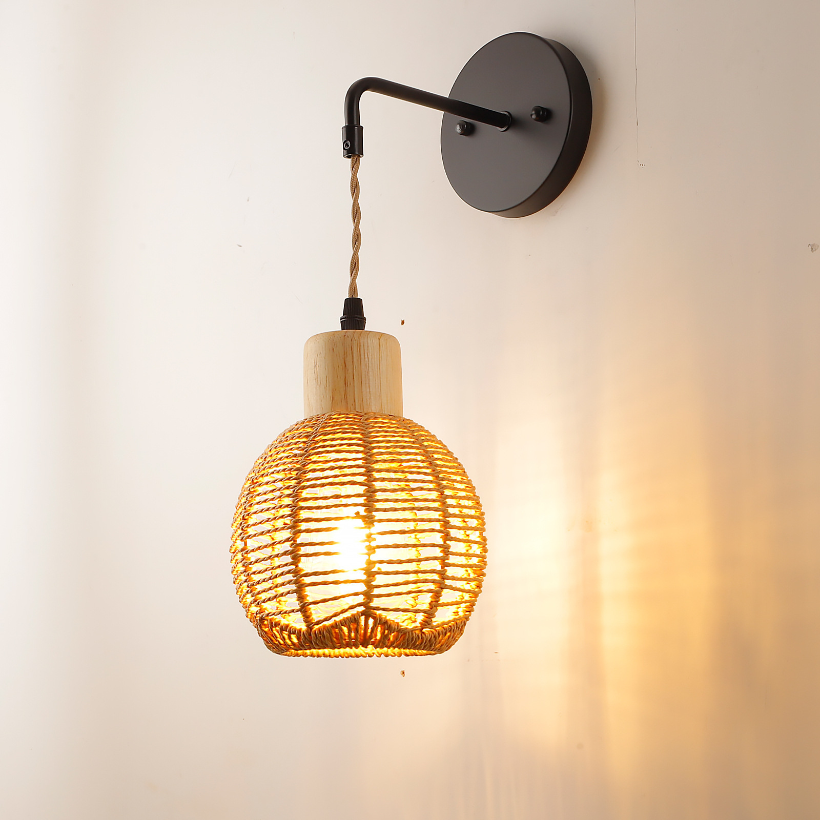 Paper Rope Rattan Wall Sconce Natural Style Plug in Wall Lights for Living Room Bedroom Hallway