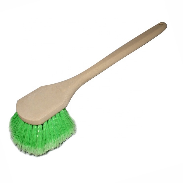 Long handled flexible wheel and rim brush / Heavy duty soft car valeting wash brush scrubber / Green automotive tyre cleaner