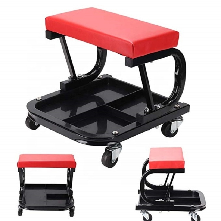 Padded Garage Work Seat With Storage Tray / Mechanics Roller workshop Stool / Utility Mechanic rolling Creeper Trolley Chair