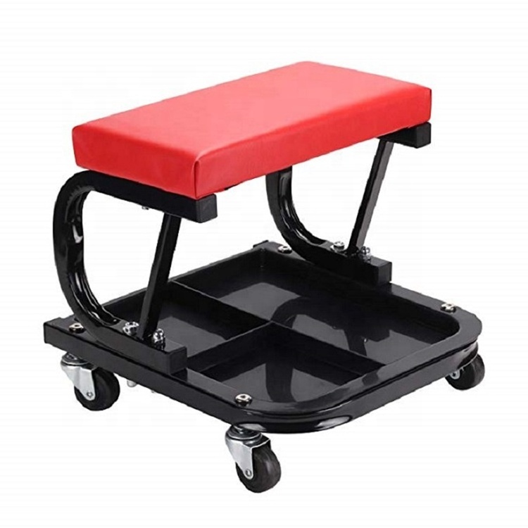 Padded Garage Work Seat With Storage Tray / Mechanics Roller workshop Stool / Utility Mechanic rolling Creeper Trolley Chair