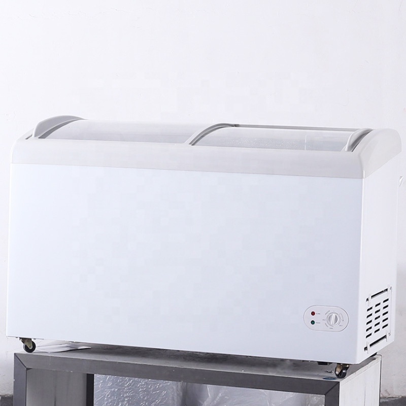 308L DC 12V/24V Glass Curved Door DC Solar Ice Cream Freezer for Supermarket Shop Use