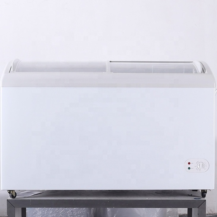 308L DC 12V/24V Glass Curved Door DC Solar Ice Cream Freezer for Supermarket Shop Use