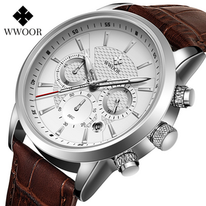 WWOOR 8845 Men Watches Quartz Sports Chronograph Watches Relogio Masculino Leather Strap Band Quartz Wrist Watches for Mens