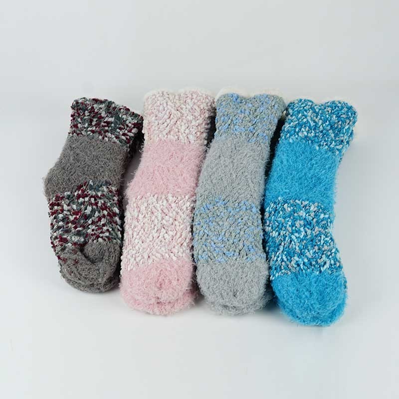 Gift Packing Thick Feather Yarn Anti Slip Knitted Winter Slipper Socks For Women