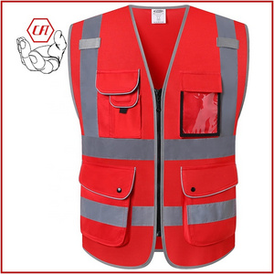 Customize Logo Multi Pockets Men's Reflective Vest Security Red Safety Vest Roadway Working Hi Vis Vest