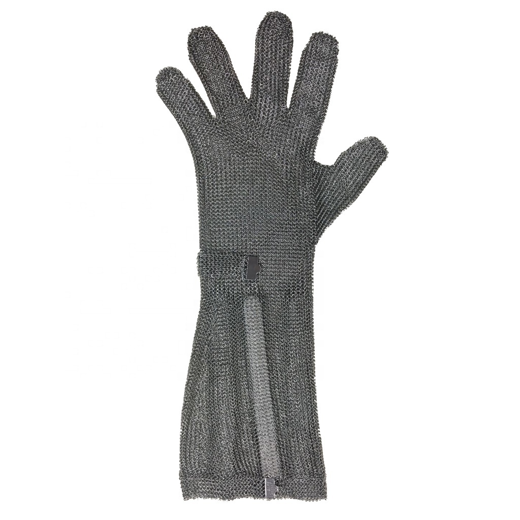 Factory Custom Hook Belt Mesh Butcher Cut Resistant Gloves Long Cuff 304L Stainless Steel 22cm OEM Anti-cut