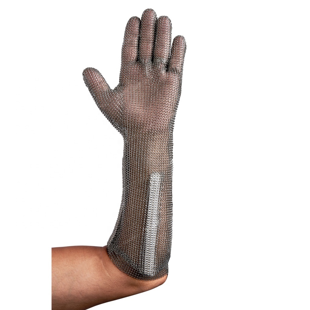 Factory Custom Hook Belt Mesh Butcher Cut Resistant Gloves Long Cuff 304L Stainless Steel 22cm OEM Anti-cut