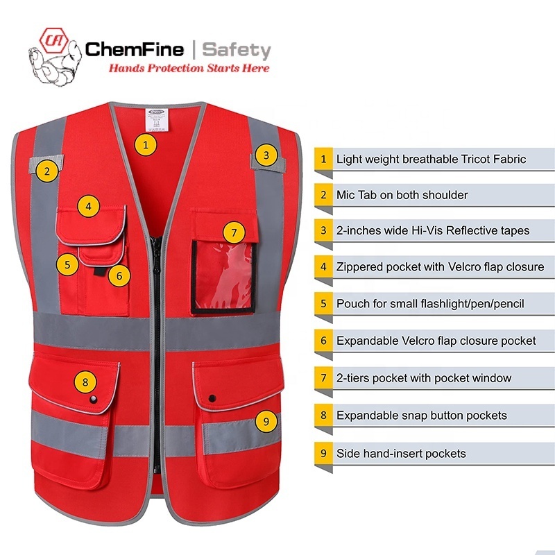 Customize Logo Multi Pockets Men's Reflective Vest Security Red Safety Vest Roadway Working Hi Vis Vest