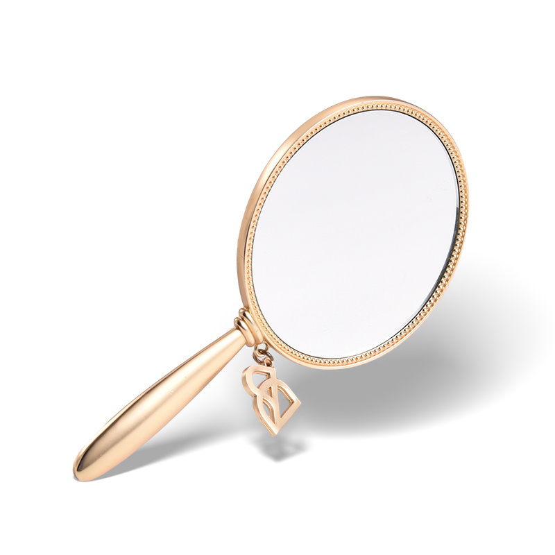 Gold Handheld Makeup Mirror Personalized Round Metal Cosmetic Mirror With Handle