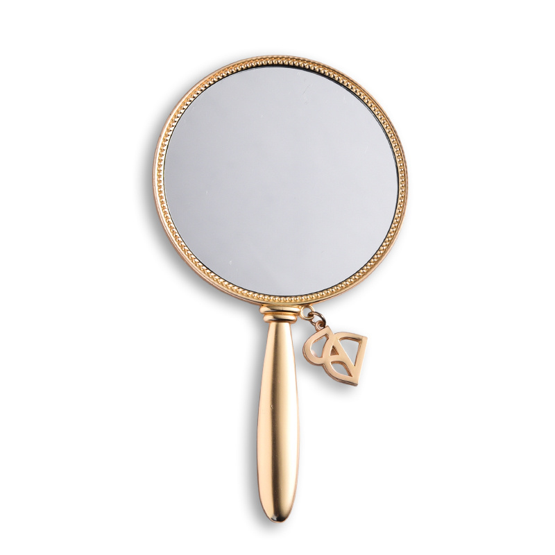 Gold Handheld Makeup Mirror Personalized Round Metal Cosmetic Mirror With Handle