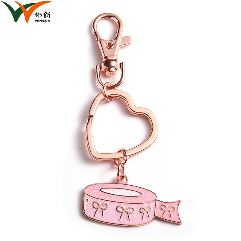 Promotional Gift Cute Heart Bling Rose Gold Enamel Key Chain Metal Pom Pom Keychain