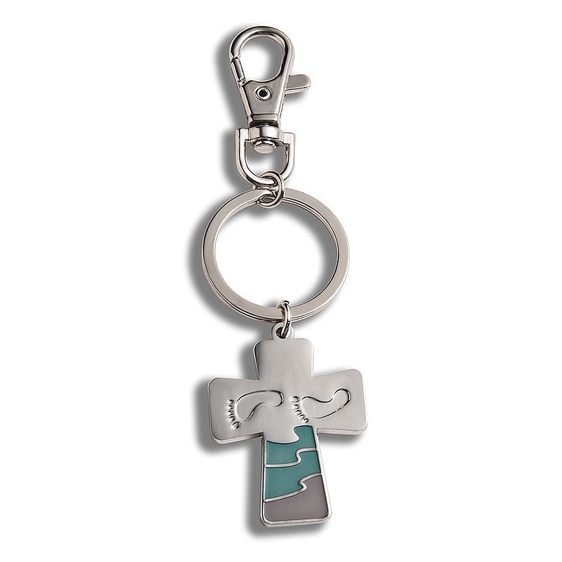 Hot Selling Metal Zinc Alloy Silver Cross Carved Pattern Keychain