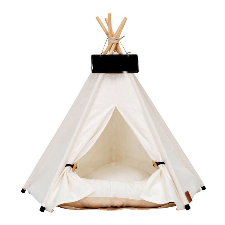 Foldable Cotton Fabric Pet Teepee Dog Cat Tent Cat House Removable Cover Potable Pet Tent White Solid Sustainable Wooden Cat Bed