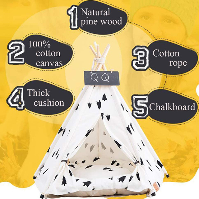 Portable Pet Canopy Teepee Indian Tent Bed for Little Dogs and Cats with a Soft Cushion