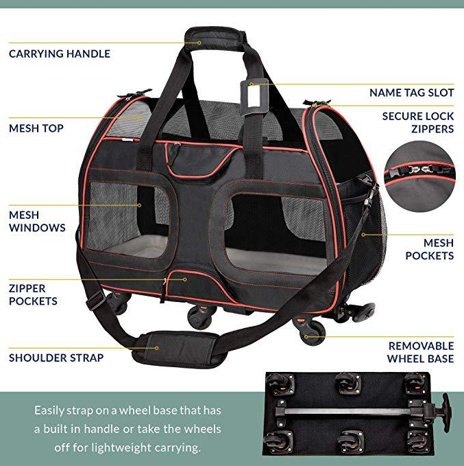 Premium Portable Wheeled Pet Dog Carrier With Wheels &Telescopic Handle