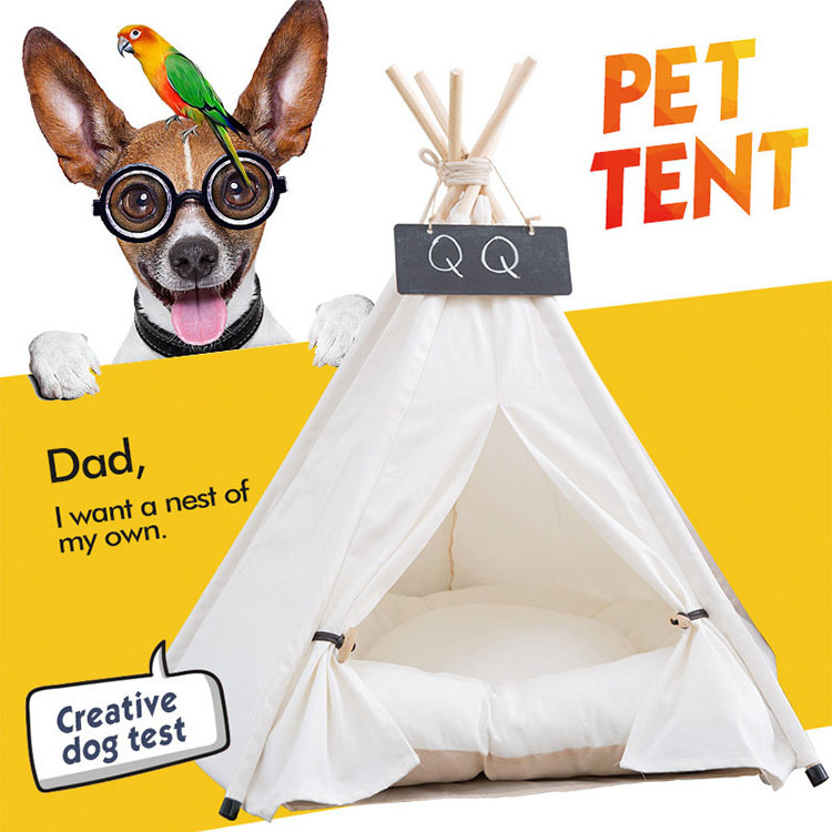 Foldable Cotton Fabric Pet Teepee Dog Cat Tent Cat House Removable Cover Potable Pet Tent White Solid Sustainable Wooden Cat Bed