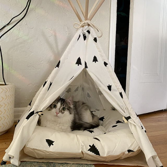 Portable Pet Canopy Teepee Indian Tent Bed for Little Dogs and Cats with a Soft Cushion