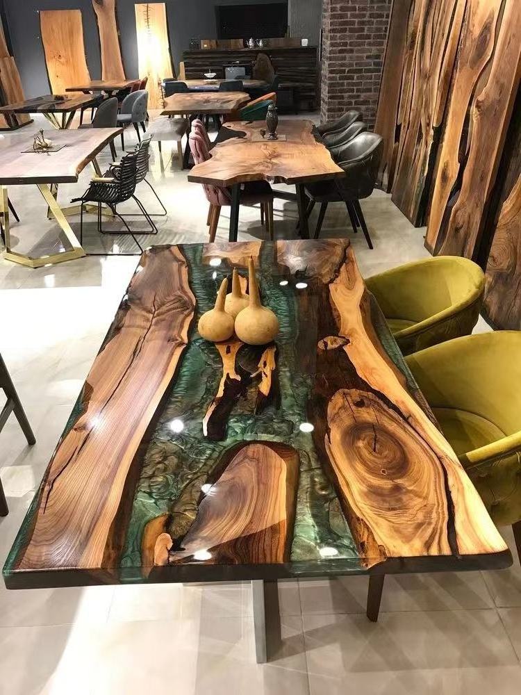 Home Furniture Factory Direct Solid Walnut Wood Restaurant Kitchen River Epoxy Resin Slab Dining Table