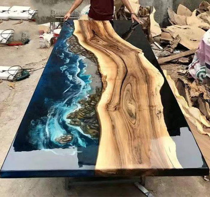 Home Furniture Factory Direct Solid Walnut Wood Restaurant Kitchen River Epoxy Resin Slab Dining Table