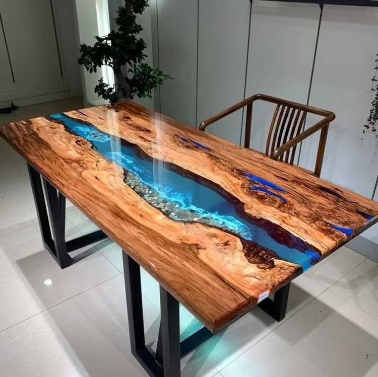 Home Furniture Factory Direct Solid Walnut Wood Restaurant Kitchen River Epoxy Resin Slab Dining Table