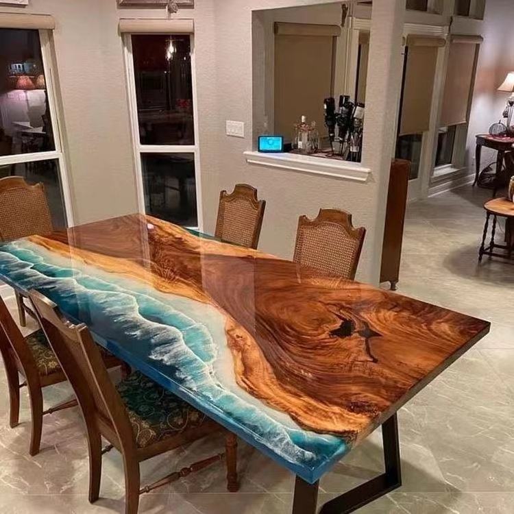 Home Furniture Factory Direct Solid Walnut Wood Restaurant Kitchen River Epoxy Resin Slab Dining Table