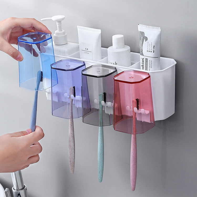 Wall Mount Plastic Self Adhesive Nail-free Bathroom Organizer Cups Toothbrush Holder Set