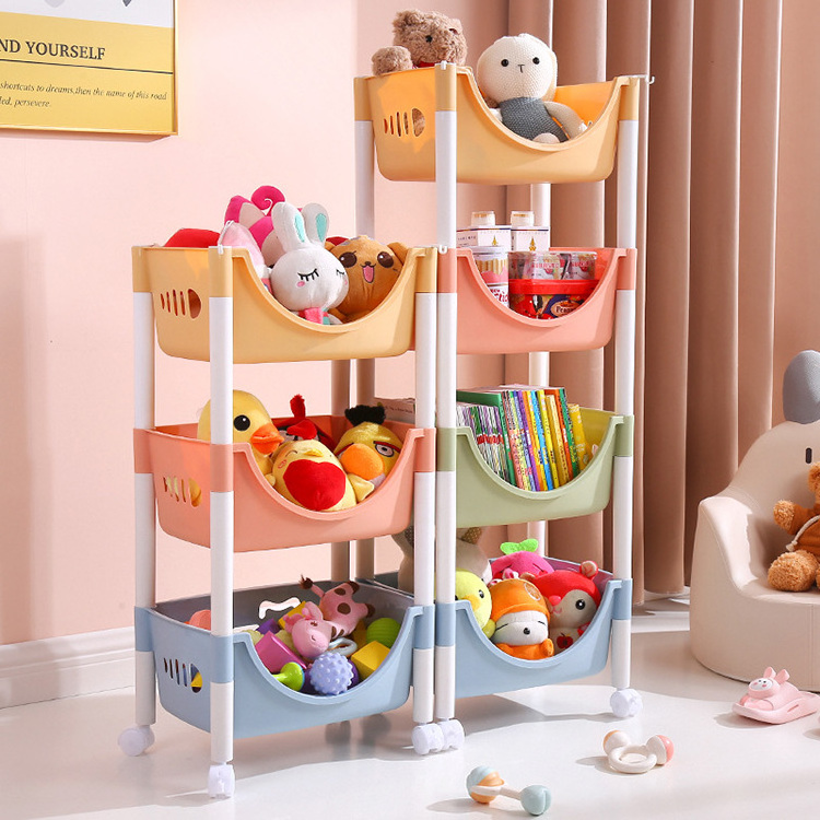 Macaron color 3 tiers household organizer plastic movable trolley children toy storage rack