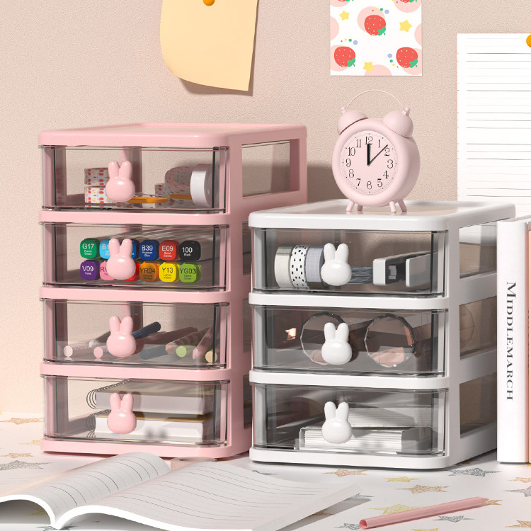 Multi-layer cartoon cute pink clear drawer desktop organizer pp plastic storage cabinet