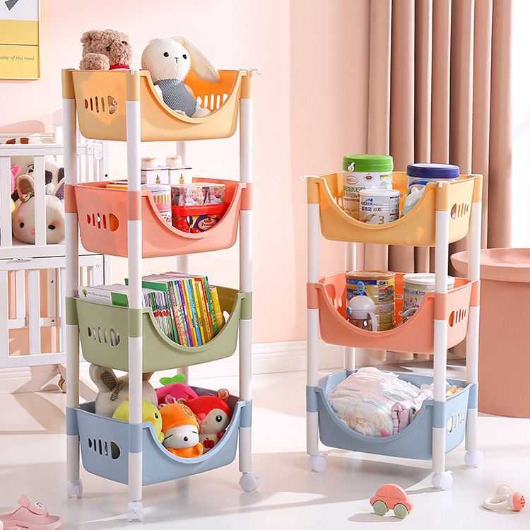 Macaron color 3 tiers household organizer plastic movable trolley children toy storage rack