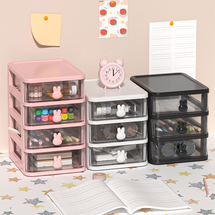 Multi-layer cartoon cute pink clear drawer desktop organizer pp plastic storage cabinet