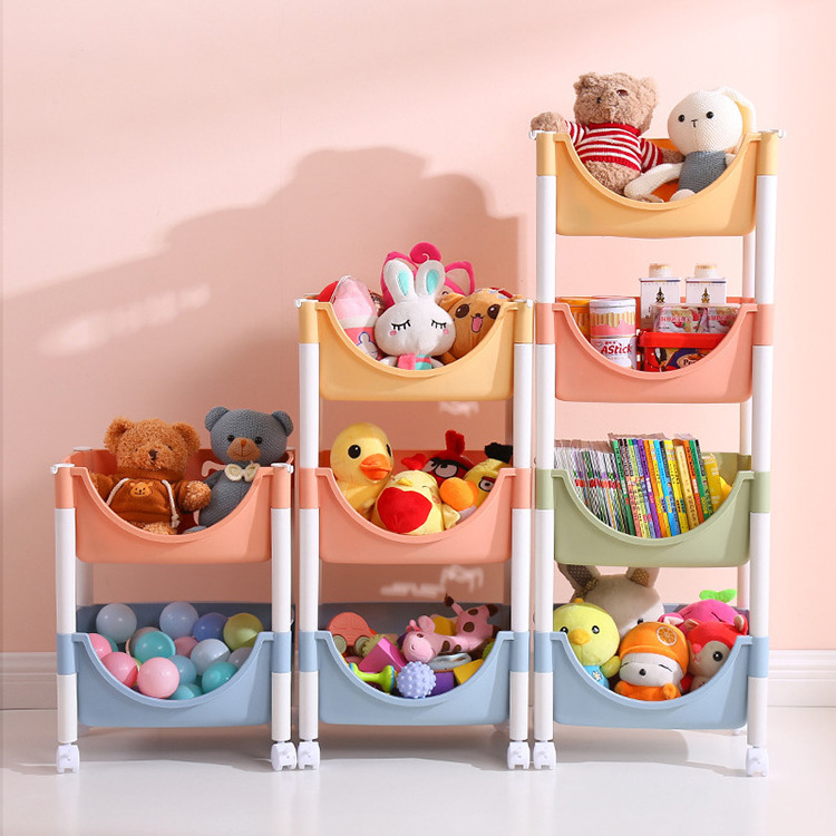 Macaron color 3 tiers household organizer plastic movable trolley children toy storage rack