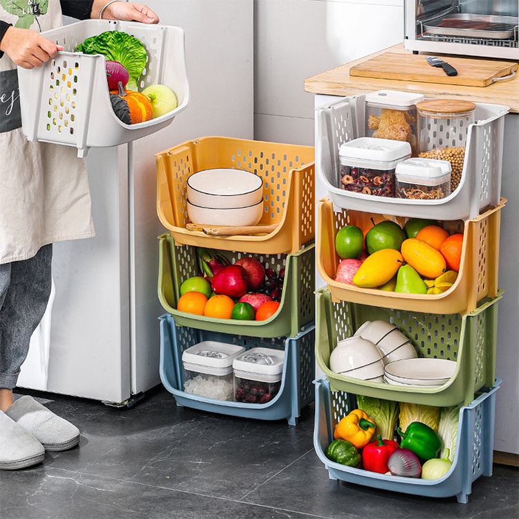 Plastic multi-layer standing kitchen shelf fruit and vegetable vertical rack stackable storage basket organizer