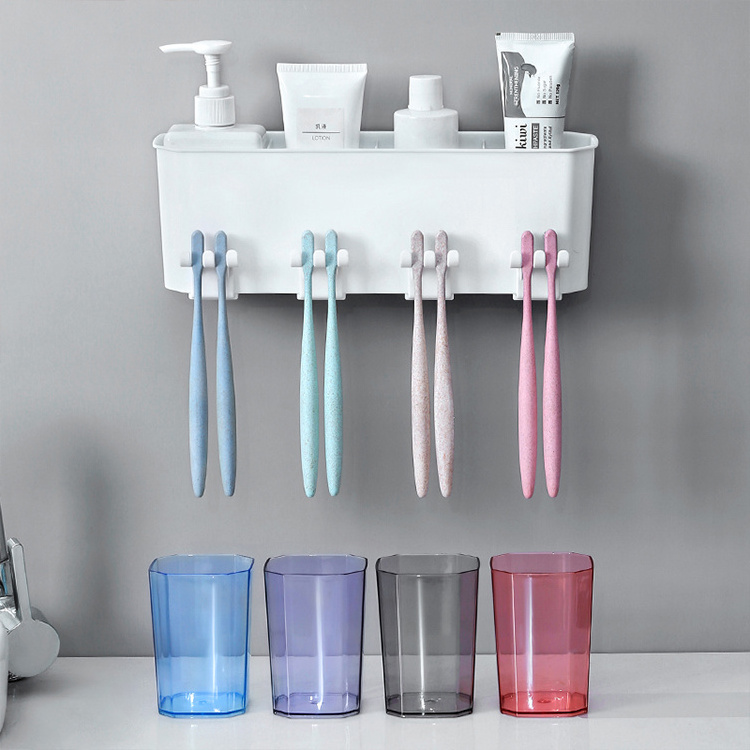 Wall Mount Plastic Self Adhesive Nail-free Bathroom Organizer Cups Toothbrush Holder Set