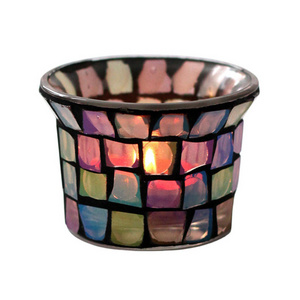 Hand drawn mosaic glass candle jars / Colorful retro glass votive candle holder / European candlestick